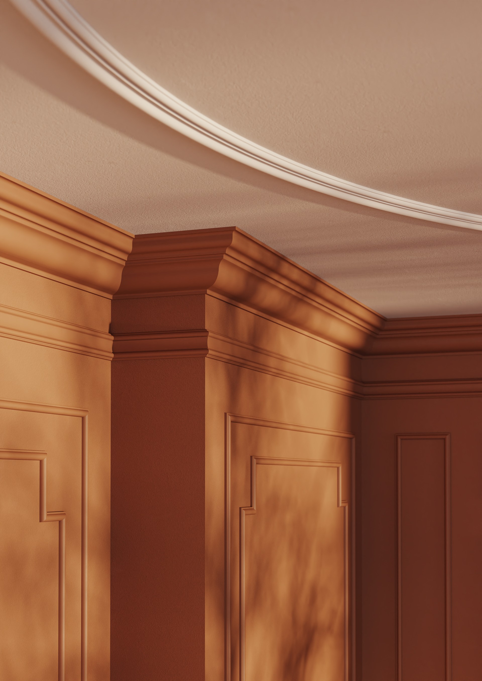 Zabawne gzymsy podkreślające obrys pomieszczenia i uwydatniające architektoniczną strukturę sufitu.