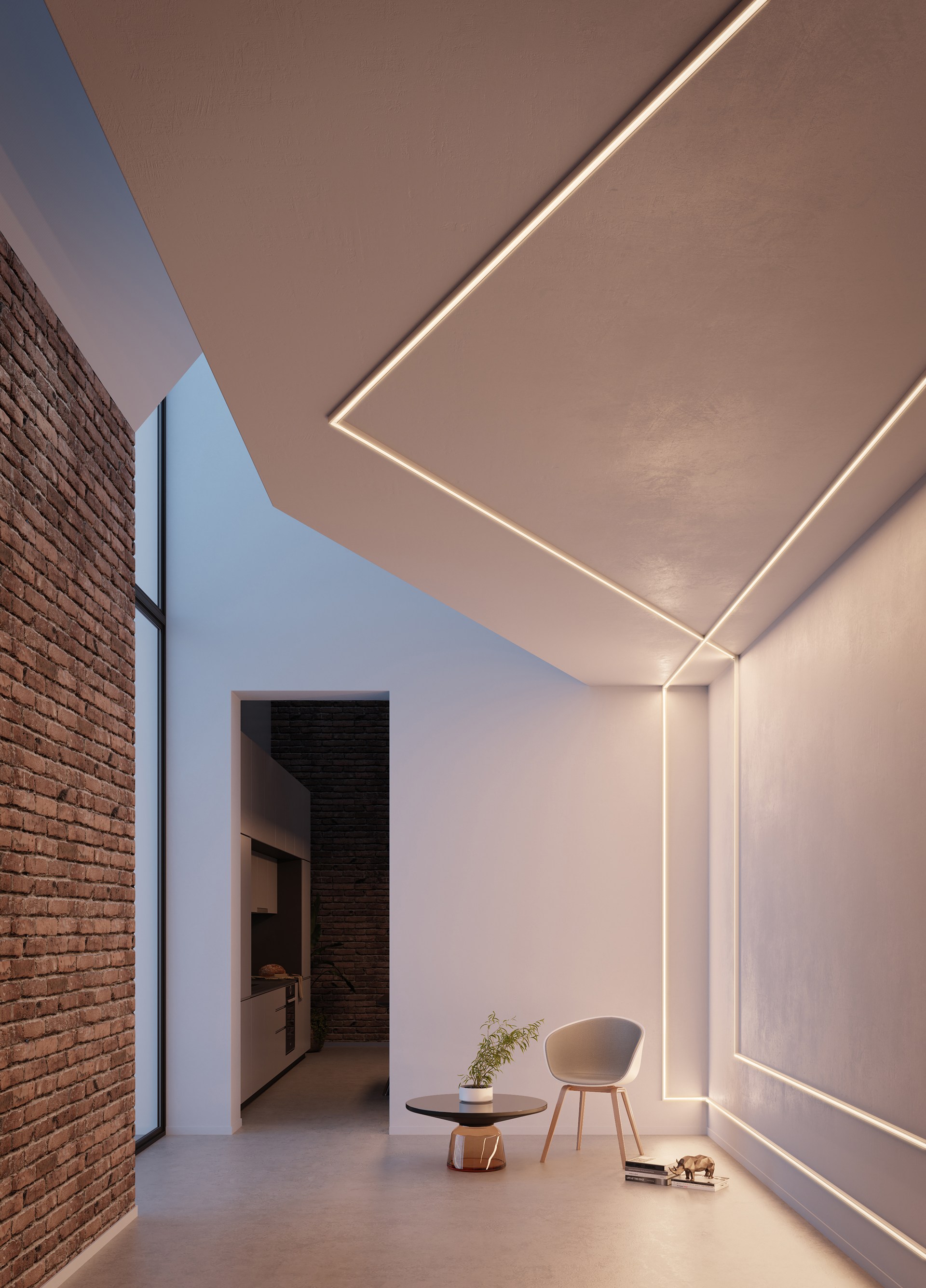 Zintegrowane profile oświetleniowe podkreślające kontury ścian i sufitu, tworzące wyrafinowany projekt oświetlenia architektonicznego.