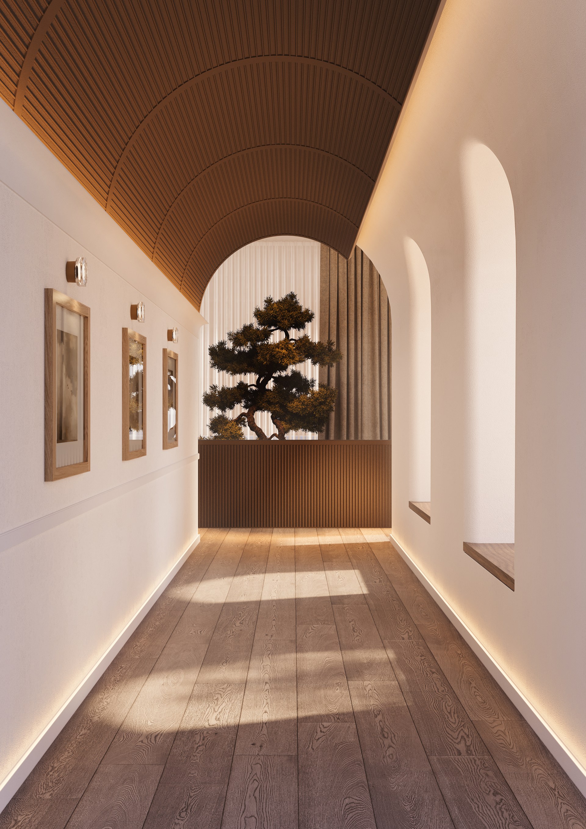 Liniowe panele ścienne zamontowane na suficie, tworzące zakrzywioną powierzchnię sufitową o silnym rytmie architektonicznym.